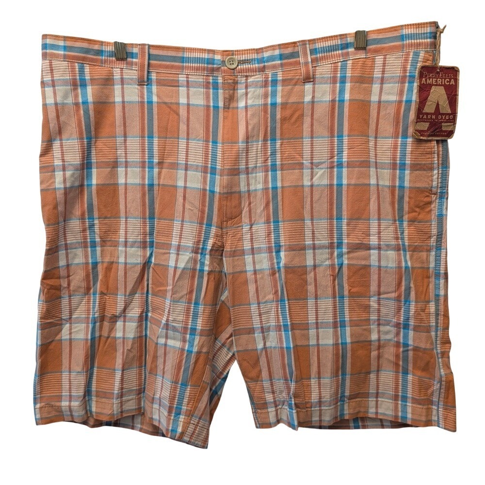Perry Ellis America Mens Apricot Orange Plaid Cotton Shorts EFSH0037 42W‎ NEW